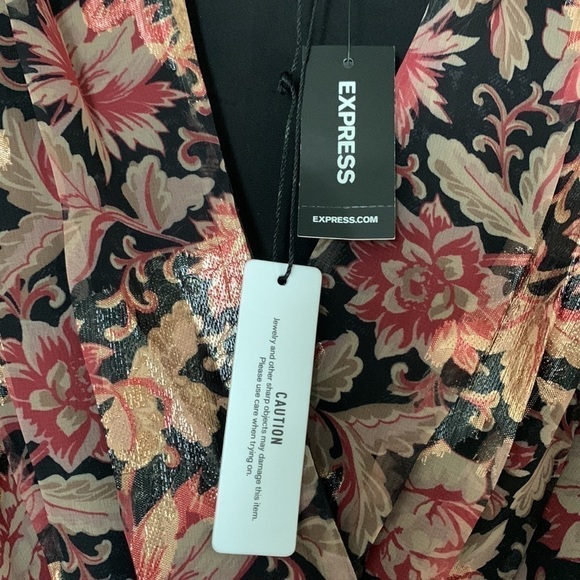 𝅺EXPRESS Metallic Printed Faux Wrap Front Peplum Top - Picture 5 of 13